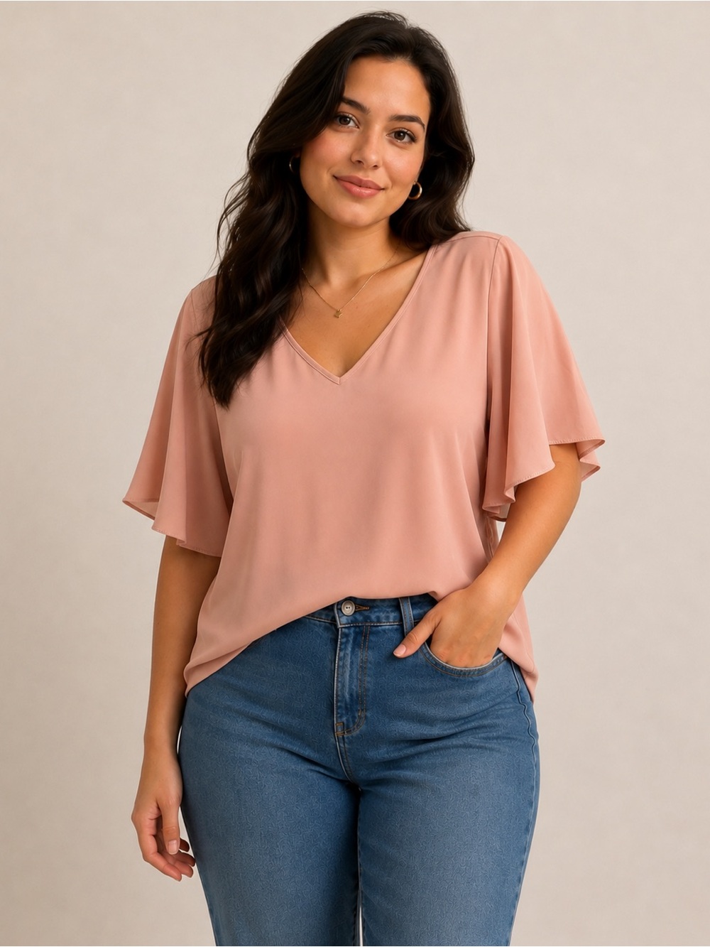 ☀️SHEIN Curve Dusty Rose V-Neck Flutter Sleeve Blouse
